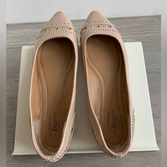 G.H. Bass Layla Beige Faux Patent Leather Flats with Gold Studs/Embellishments - Picture 3 of 11